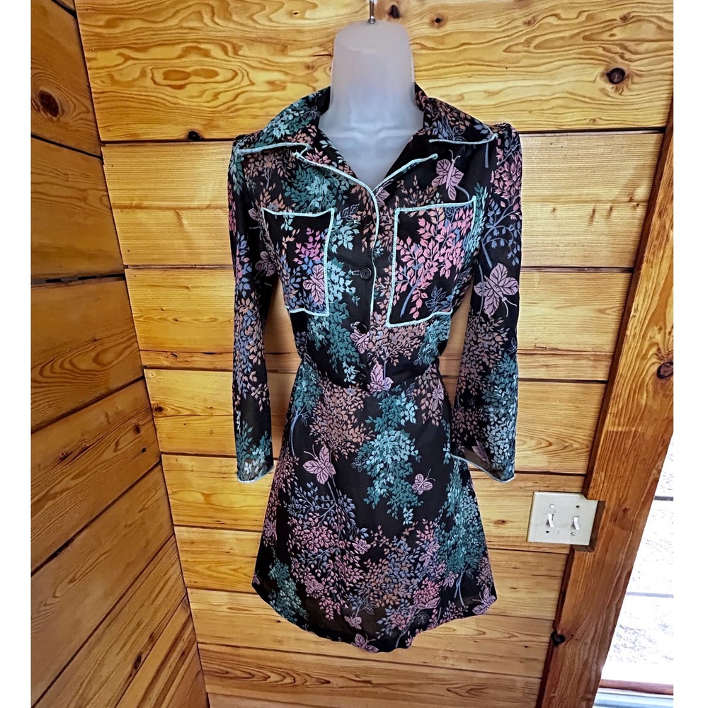Vintage Sears Butterfly‎ Floral Print Dress Long Sleeve Elastic Waist Black Pink - Picture 3 of 12